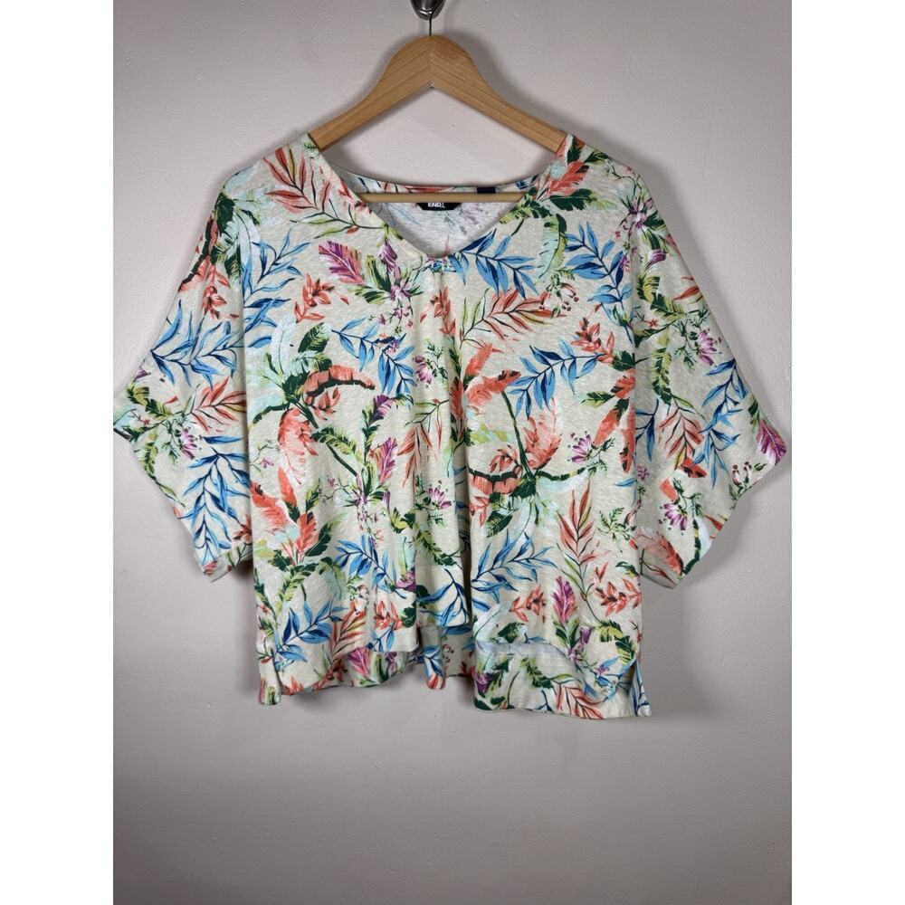 Lands End Womens Top Boxy Fit Crop Tropical Floral Linen Modal Beach Vacation S